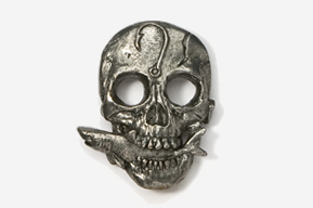 A metal skull with a cigarette in its mouth.