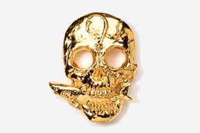 A gold skull with a cigarette in its mouth.