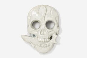 A white skull with a cigarette in its mouth.