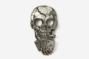 A silver skull with a cigarette in its mouth.