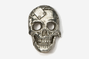 A silver skull with clock eyes and teeth.