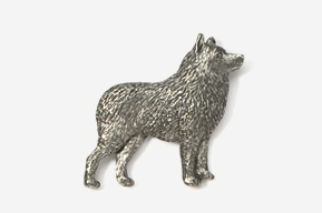 A silver dog is standing up against the wall.