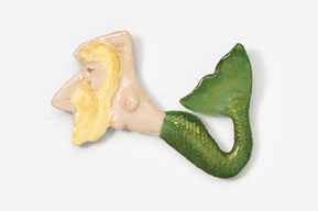 A ceramic mermaid with yellow hair and green tail.