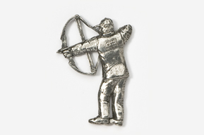 A silver pin of a man holding a bow and arrow.