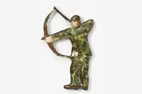 A man in camouflage holding a bow and arrow.