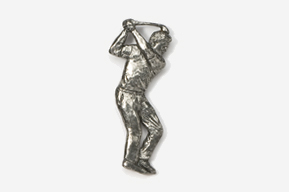 A silver pin of a man swinging at the golf ball.