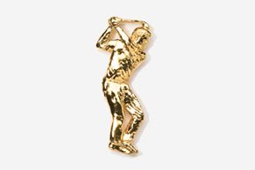 A gold plated pin of a man swinging at the golf ball.