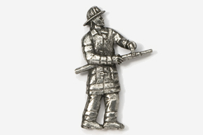 A silver fireman with a hose in his hand.