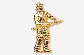 A gold colored pin of a fireman holding a stick.