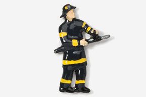 A black and yellow fireman holding a saw.