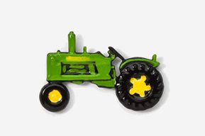 A green tractor with yellow wheels and black tires.