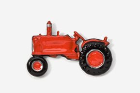 A red tractor with black wheels is shown.