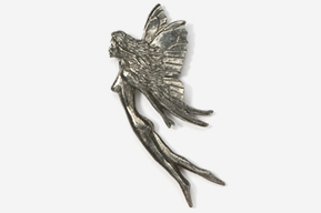 A silver fairy with long legs and wings.