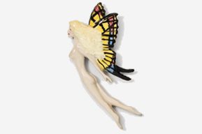 A yellow butterfly fairy doll with arms and legs extended.