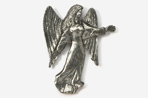 A silver angel with long wings and a sword.