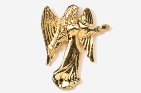 A gold angel with wings spread and holding something in its hand.