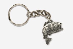 A metal fish keychain with a chain attached to it.