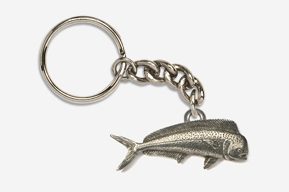 A silver fish keychain with chain attached to it.