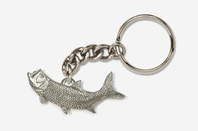 A silver fish keychain with a chain attached to it.