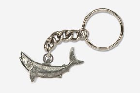 A silver shark keychain with chain attached.