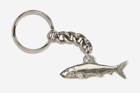 A silver fish keychain with chain attached to it.