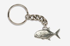 A silver fish keychain with chain attached to it.