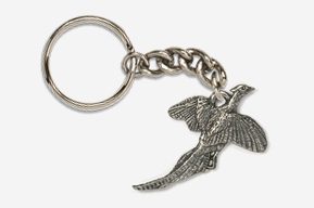 A silver key chain with a bird on it.