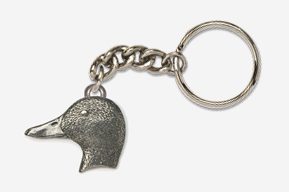 A silver key chain with a bear head on it.