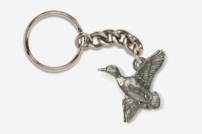 A silver duck keychain with a chain attached.