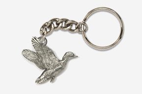 A silver key chain with a bird on it.