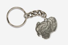 A turkey keychain is shown on a white background.