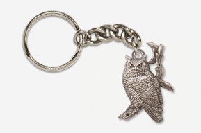 A silver owl keychain with a chain attached.