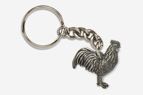 A silver rooster keychain with chain attached.