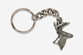 A silver key chain with a deer head on it.