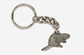 A silver key chain with a rat on it.