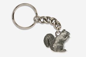 A silver squirrel keychain is shown on a white background.