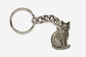 A silver cat keychain with chain