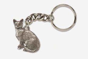 A silver cat keychain with chain