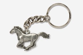 A silver horse keychain with chain attached to it.