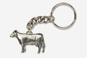 A silver cow keychain with chain attached to it.