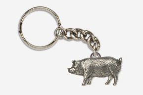 A silver pig keychain with chain attached.