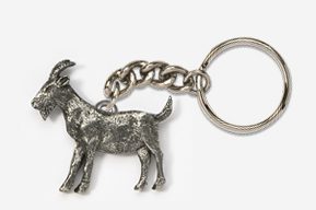 A silver goat keychain with chain attached to it.