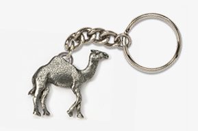 A silver camel keychain with chain attached to it.