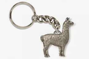 A silver llama keychain with chain attached.