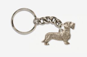 A silver dachshund dog keychain with chain.