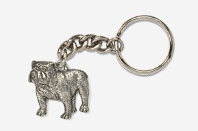 A silver bulldog keychain with chain.