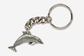 A silver dolphin keychain with chain attached.