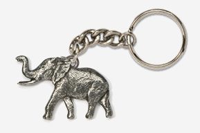 A silver elephant keychain with chain attached.