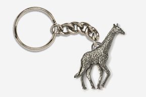 A silver giraffe keychain with chain attached.