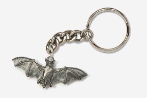 A silver bat keychain with chain attached to it.